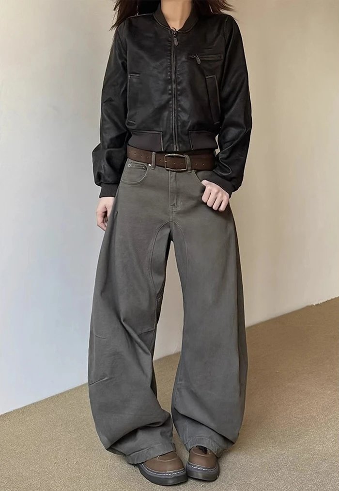 Design Cropped Leather Jacket Black + Wide-Leg Cargo Pants Olive Green + Chunky Loafers Brown - 4