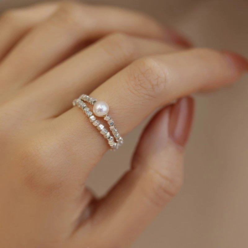 Design Pearl Bead Stack Ring Silver Jewelry - 5