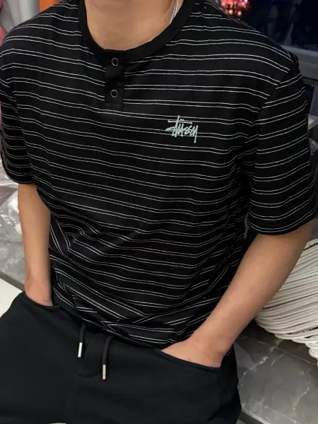 Stussy Striped Henley T-Shirt Black Tops - 8