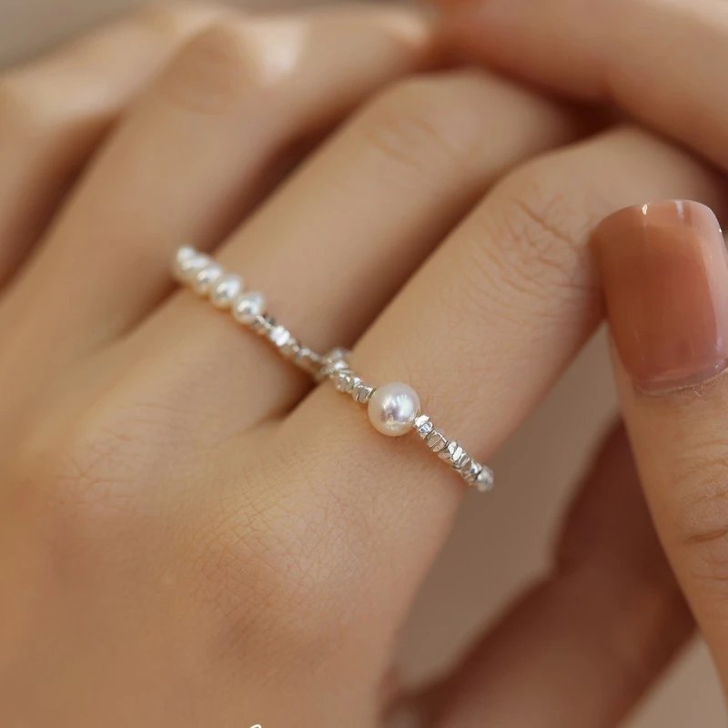 Design Pearl Bead Stack Ring Silver Jewelry - 6