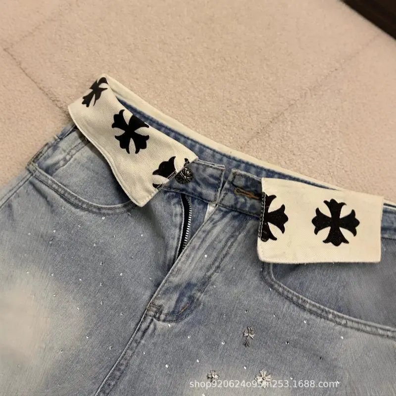 Denim Shorts Light Blue Embellished Frayed Hem with Cross Logo Waistband