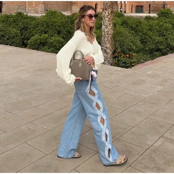 Design Crochet Knit Crop Top Beige + Cut-Out Wide-Leg Jeans Light Blue Sandals - 4