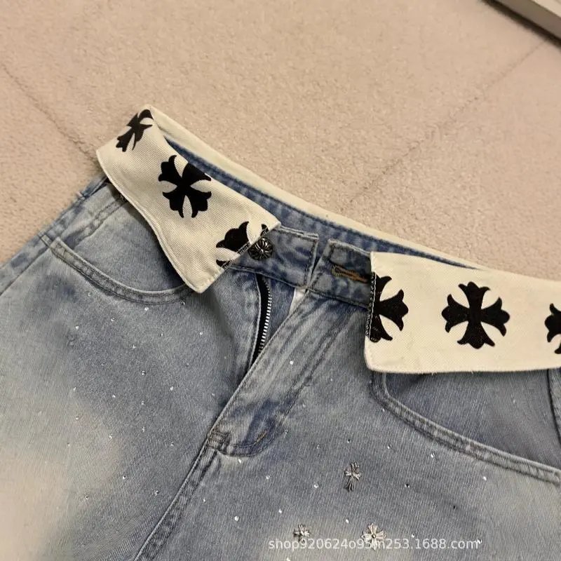 Denim Shorts Light Blue Embellished Frayed Hem with Cross Logo Waistband