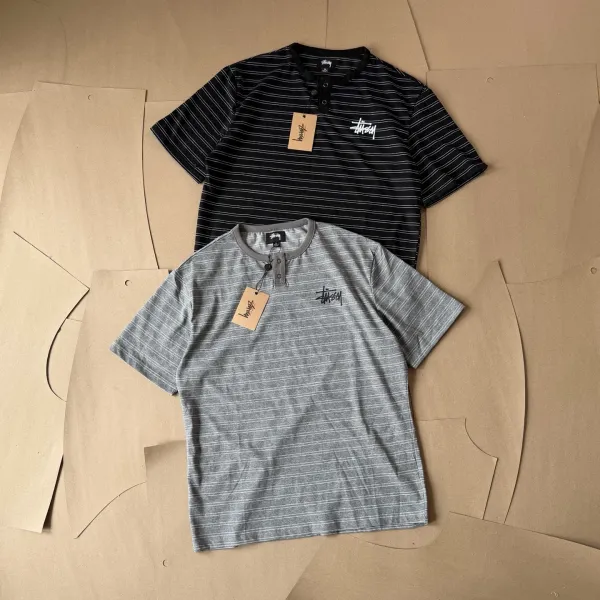 Stussy Striped Henley T-Shirt Black Tops - 11