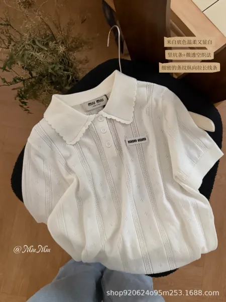 Miu Miu Knit Short-Sleeve Polo Shirt in Cream with Scalloped Collar - 5