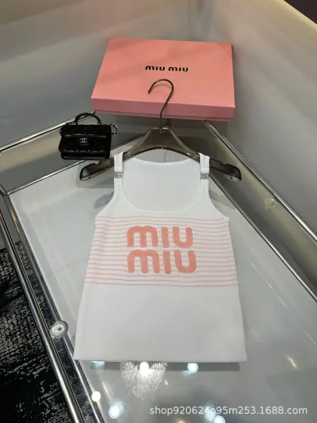 Miu Miu Logo Knit Tank Top White Pink Vest Top - 1