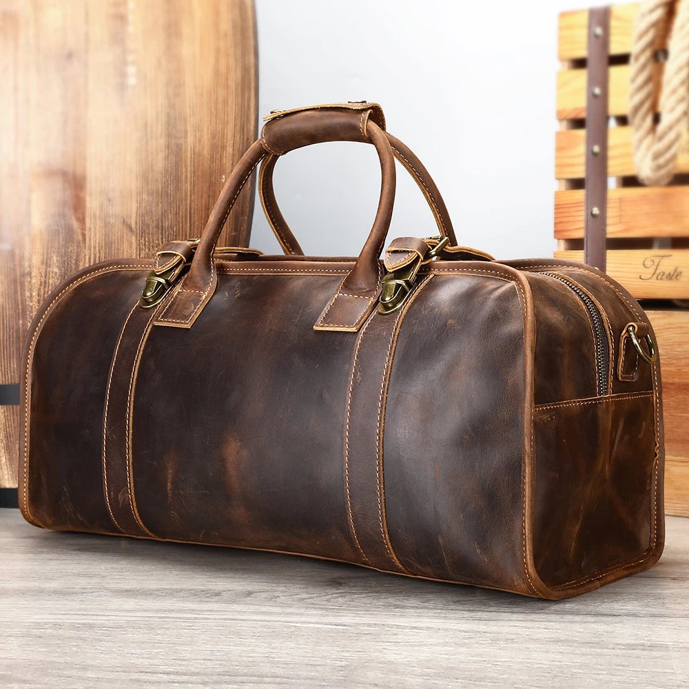 男士疯马皮短途出差旅行包大容量头层牛皮旅行袋men duffle bags