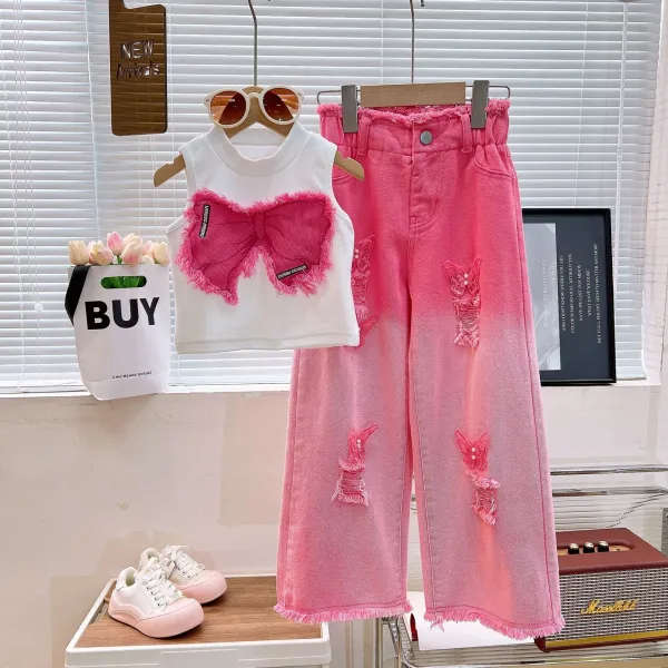Design Distressed Wide-Leg Gradient Blue Jeans and Cut-Out Denim Top Set - 2