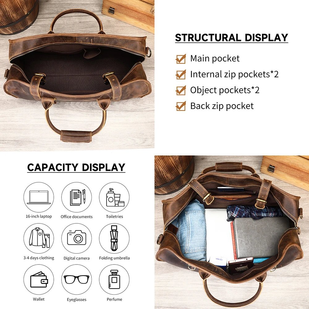 Vintage Leather Duffel Bag Brown Distressed Retro Travel Bag