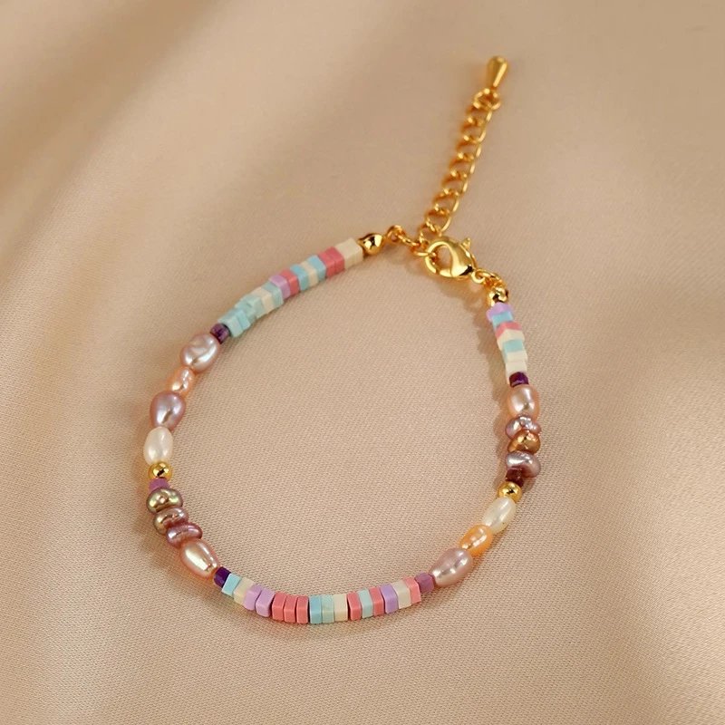 Multicolor Beaded Pearl Necklace And Bracelet Set Pastel Boho Jewelry