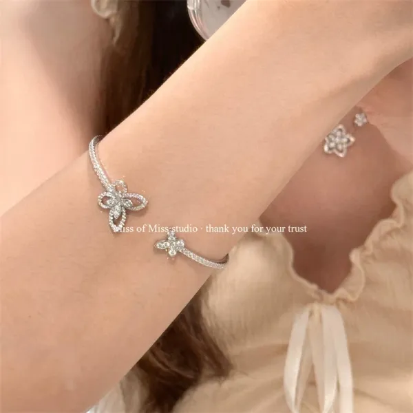 Design Floral Diamond Bangle Silver Bracelet Jewelry - 20