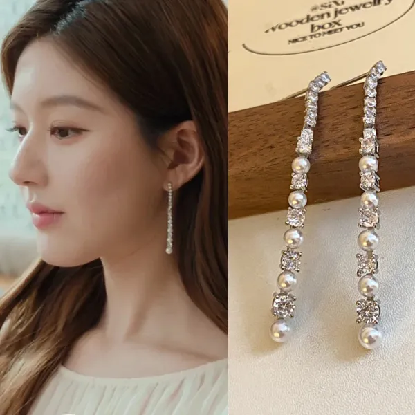 Design Pearl and Crystal Linear Drop Earrings Silver Jewelry - 2