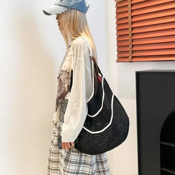 Design Crochet Tote Bag Light Blue with Cream Trim - 7