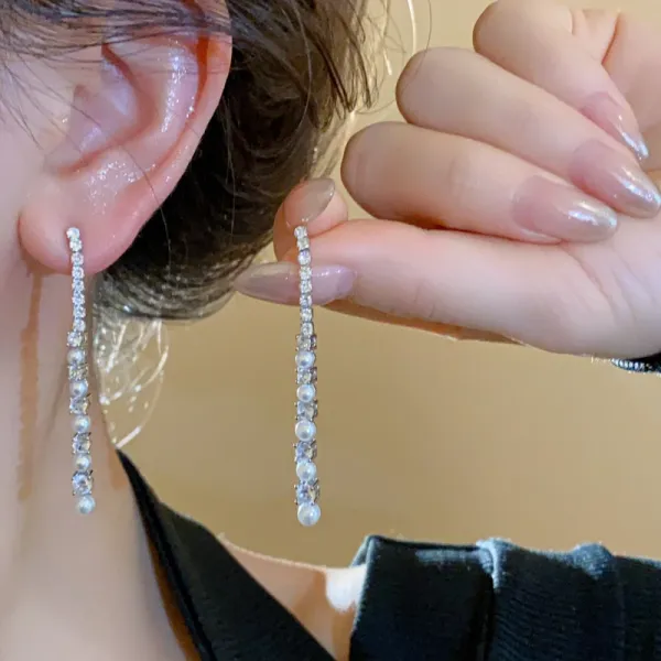 Design Pearl and Crystal Linear Drop Earrings Silver Jewelry - 4