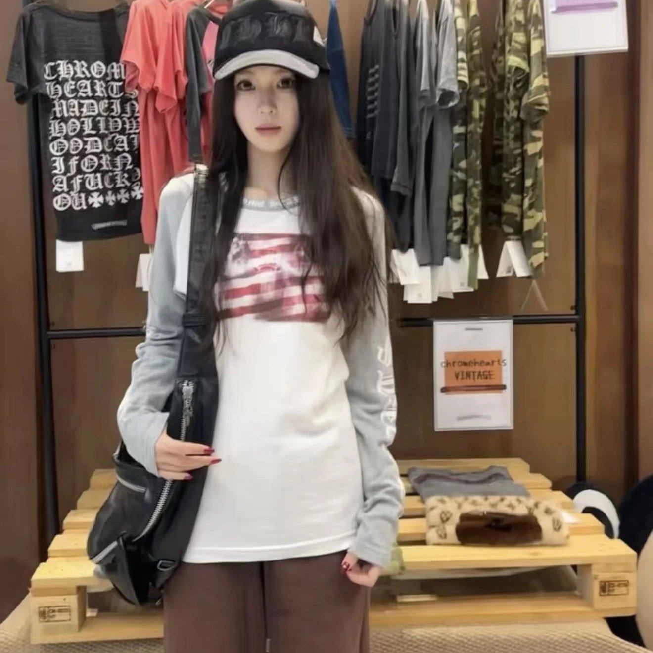 Chrome Hearts American Flag White Gray Raglan Long Sleeve T-Shirt