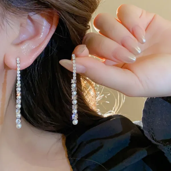 Design Pearl and Crystal Linear Drop Earrings Silver Jewelry - 5