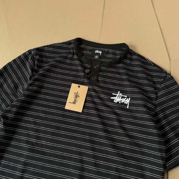 Stussy Striped Henley T-Shirt Black Tops - 18