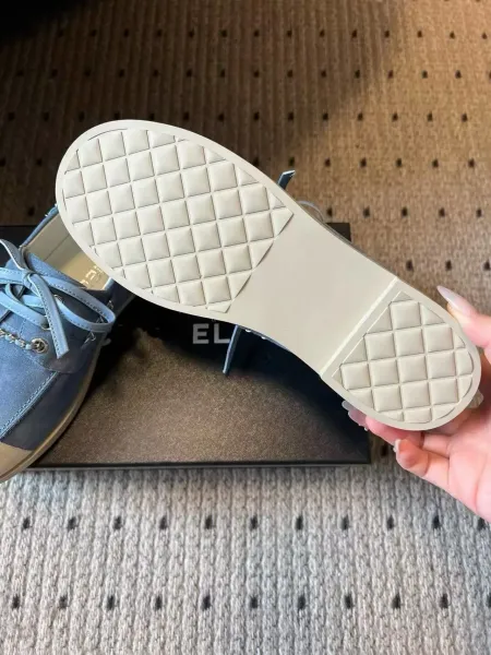 Chanel Boat Shoes Light Blue Suede Two-Tone with Chain Detail - 24
