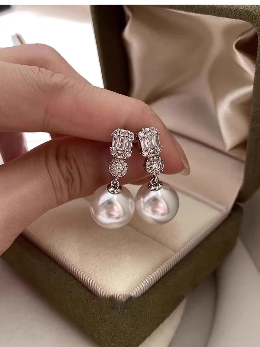 Design Platinum Gray 12MM Pearl Earrings with Baguette and Round CZ Jewelry - 8