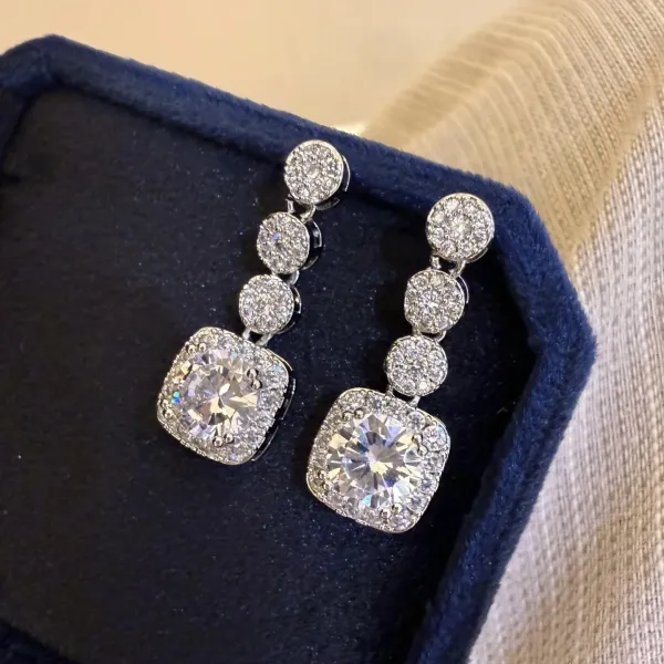 Design Cushion Cut Drop Earrings with Pave Crystals Silver Jewelry - 8