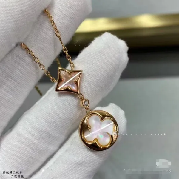 Louis Vuitton Monogram Flower Pendant Necklace Rose Gold Mother-of-Pearl Jewelry - 1