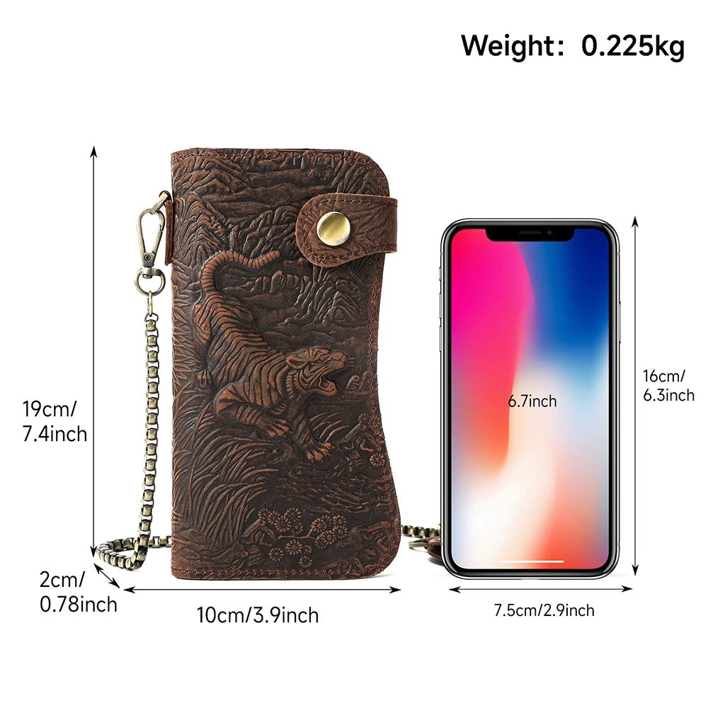 Leather Dragon Embossed Brown Chain Wallet Biker Style