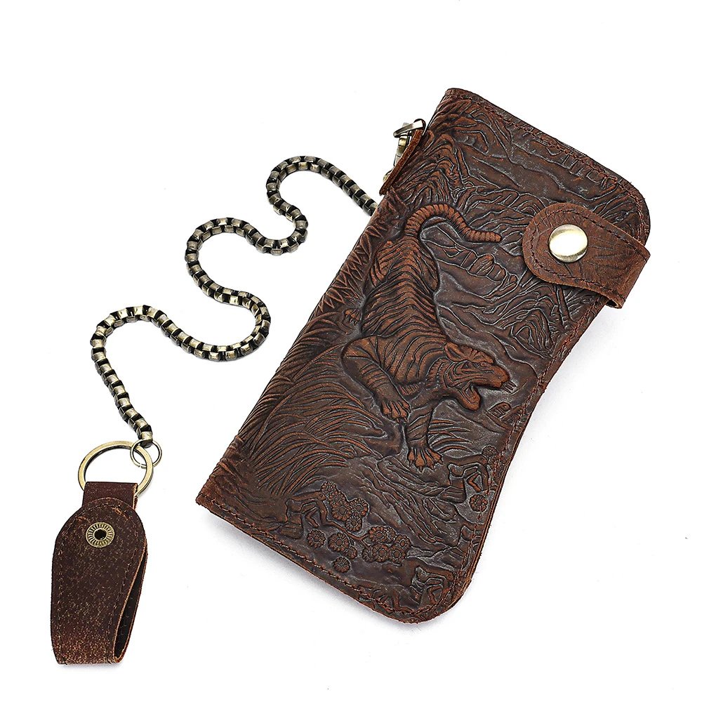 Leather Dragon Embossed Brown Chain Wallet Biker Style