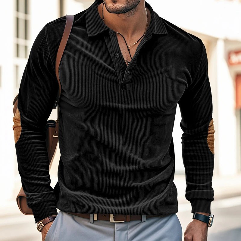 Design Corduroy Polo Shirt with Elbow Patches Black Tops.polo - 22