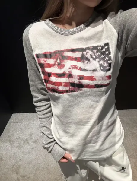 Chrome Hearts American Flag Raglan Long Sleeve T-Shirt White / Gray - 7