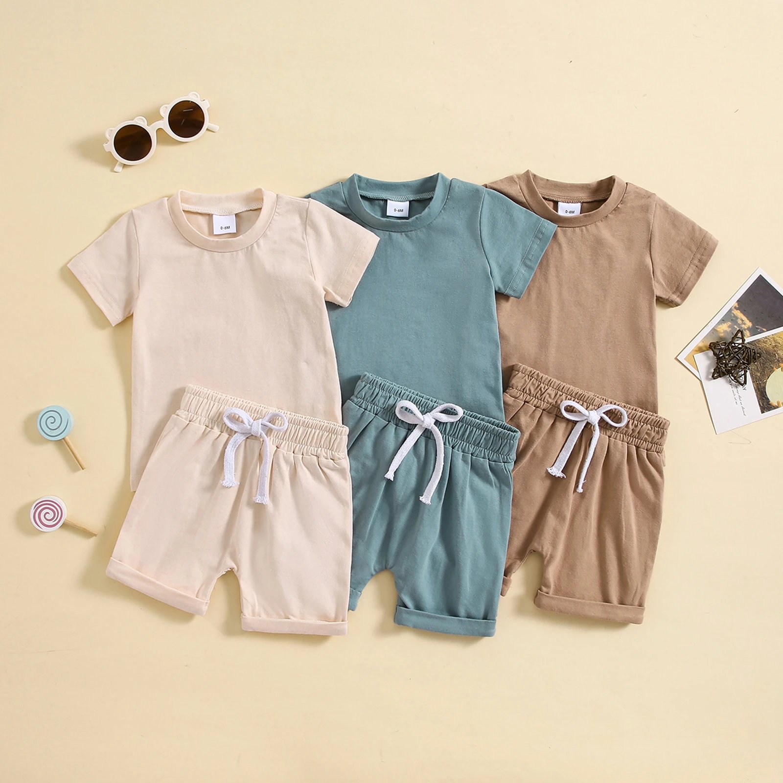Design Solid Sage Green Baby Set: Short-Sleeve T-Shirt + Drawstring Shorts - 2