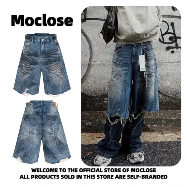 Design Moclose Brand Distressed Wide-Leg Denim Shorts Blue Shorts - 15