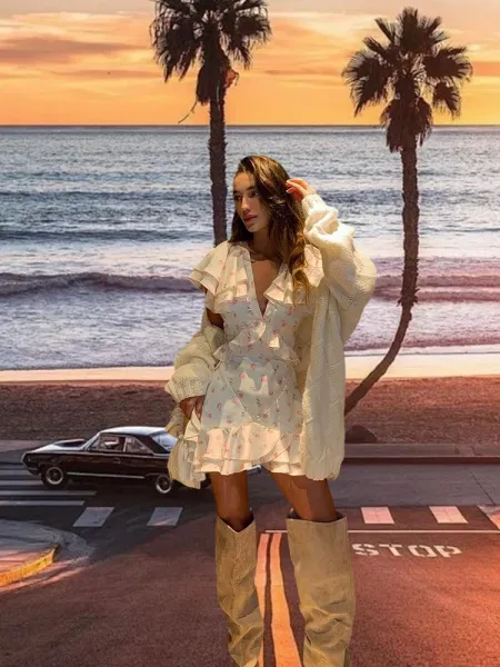 Design Floral Ruffle Wrap Mini Dress with Knit Cardigan and Suede Knee-High Boots - 5