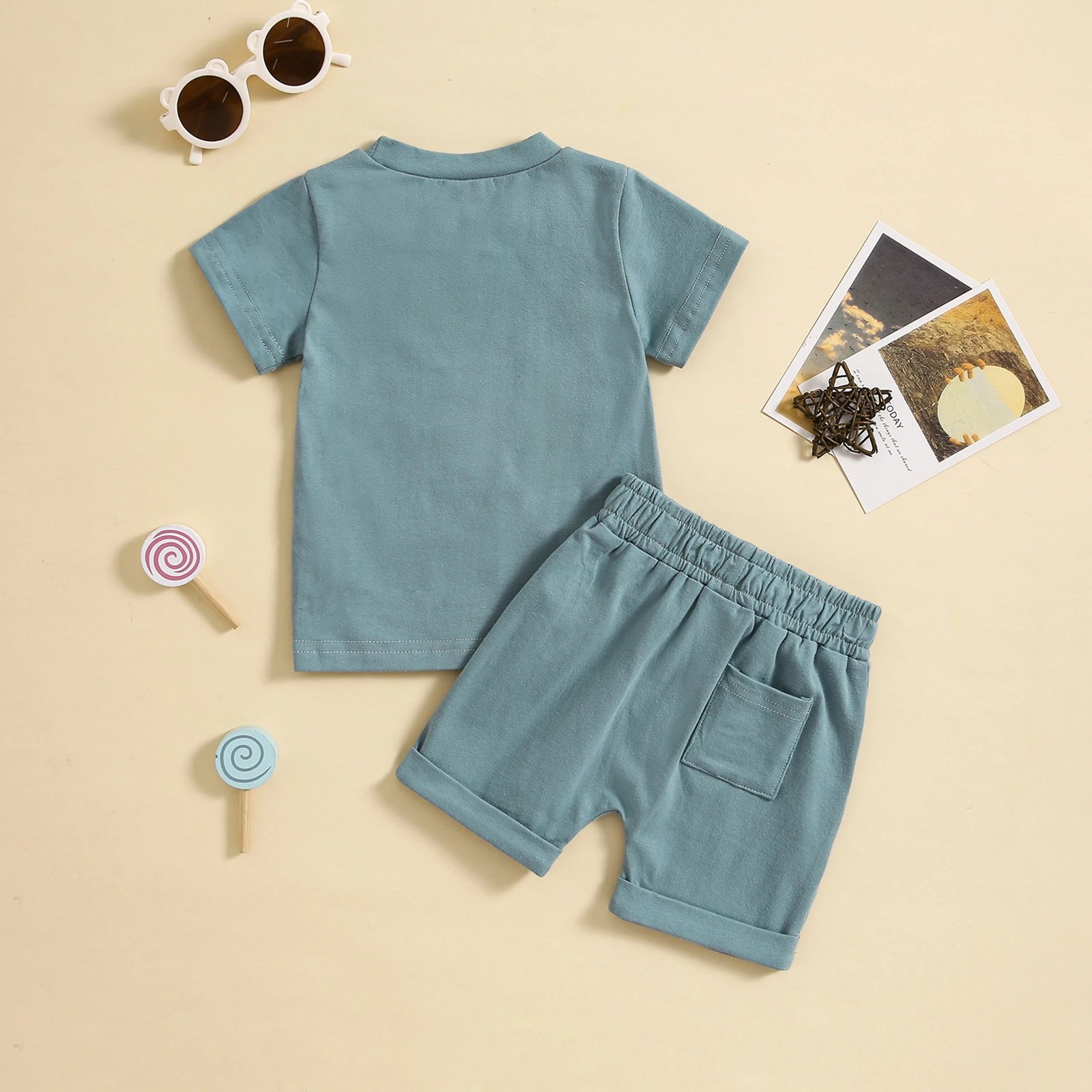 Design Solid Sage Green Baby Set: Short-Sleeve T-Shirt + Drawstring Shorts - 13