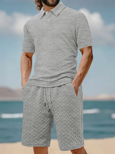 Design Textured Chevron Polo and Shorts Set White - 42