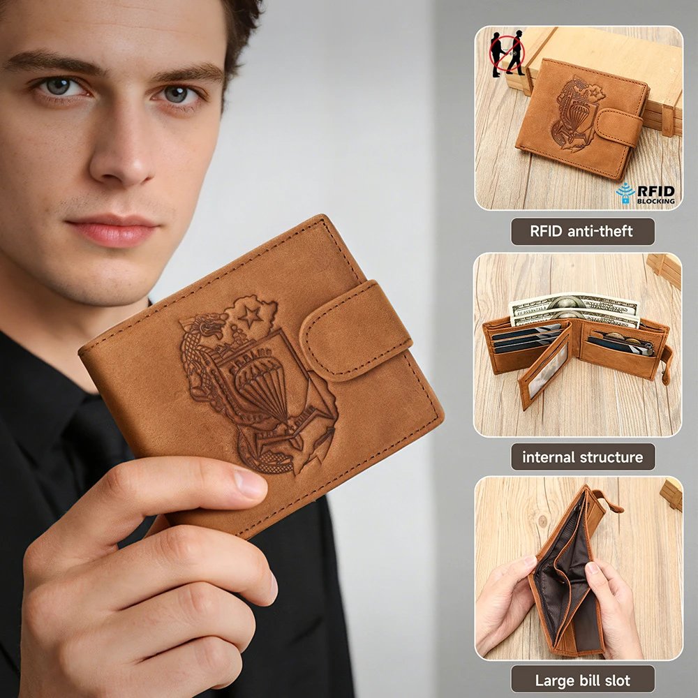 Leather Bifold Wallet Tan Embossed Military Style
