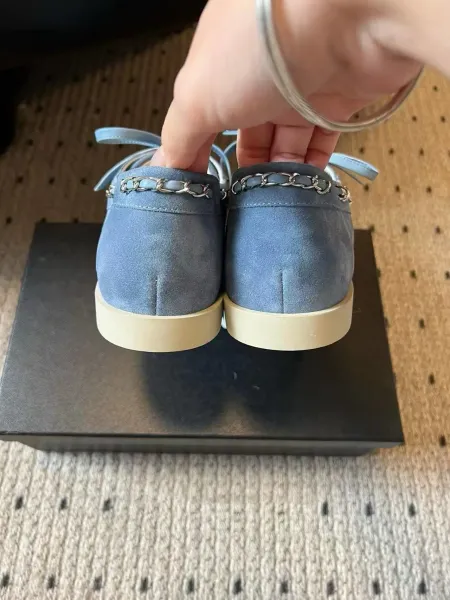 Chanel Boat Shoes Light Blue Suede Two-Tone with Chain Detail - 26