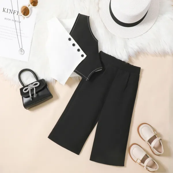 Design Two-Tone Button-Trim Top and Wide-Leg Pants Set White / Black - 3