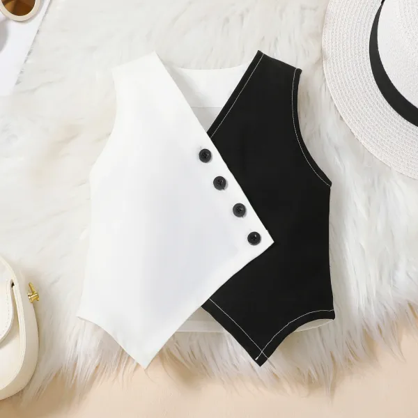 Design Two-Tone Button-Trim Top and Wide-Leg Pants Set White / Black - 7