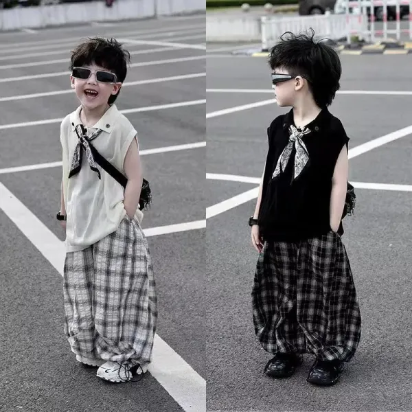 Design Sleeveless Polo Shirt with Bandana Detail, Gray Plaid Baggy Pants, and White Chunky Sneakers - 2
