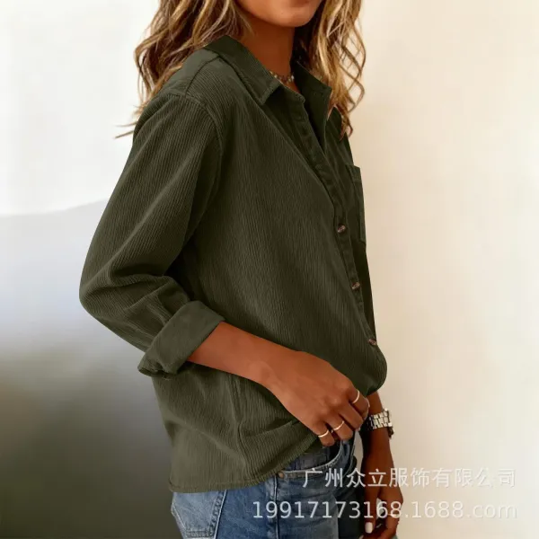Design Corduroy Button-Up Shirt Forest Green Tops Shirt - 45