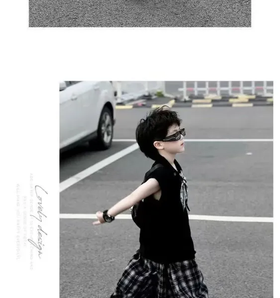 Design Sleeveless Polo Shirt with Bandana Detail, Gray Plaid Baggy Pants, and White Chunky Sneakers - 9