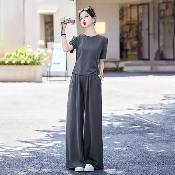 Design Wide-Leg Drawstring Pants and Cropped T-Shirt Set Gray - 2
