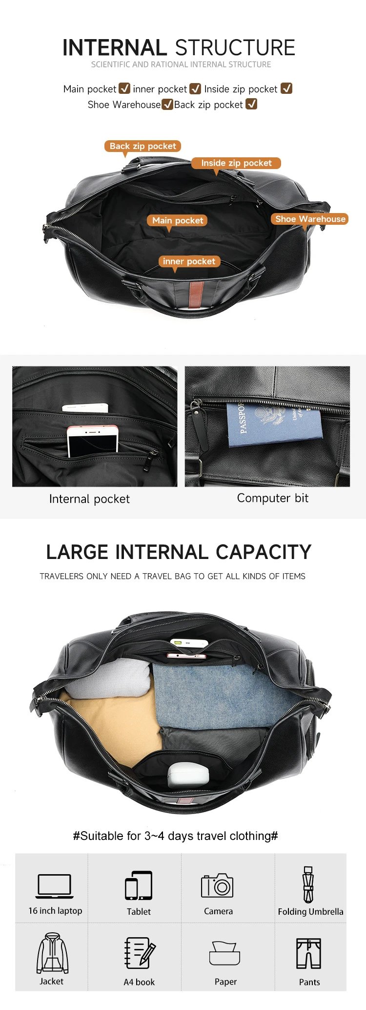 Design Duffle Bag Black with Orange Stripe Travel Bag - 6