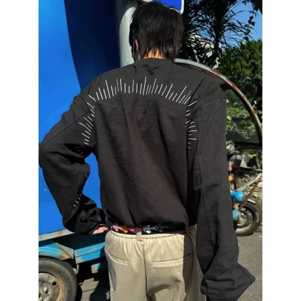 Design Henley Shirt with Embroidered Lines Black Tops Shirt - 6