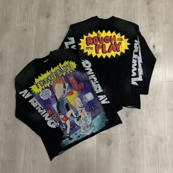 Design Rough Play x Beavis and Butt-Head Graphic Long-Sleeve T-Shirt Black T-Shirts - 1