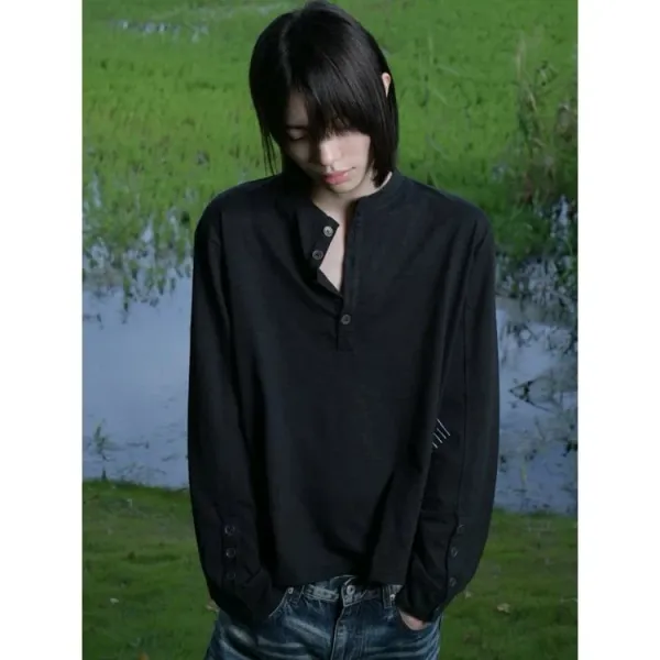 Design Henley Shirt with Embroidered Lines Black Tops Shirt - 9