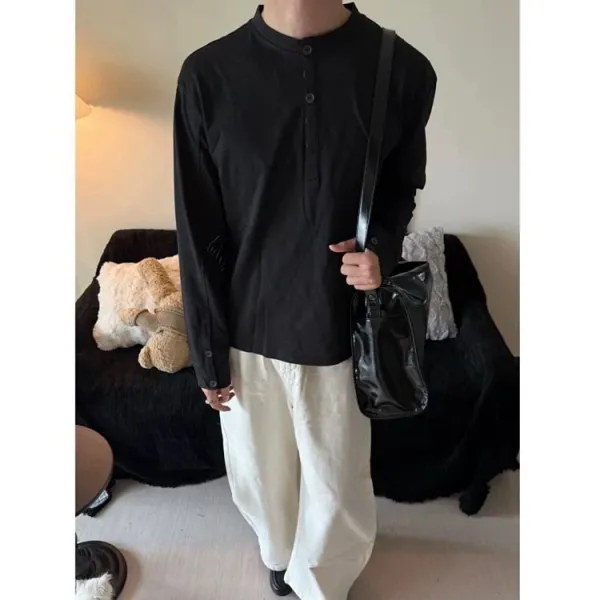 Design Henley Shirt with Embroidered Lines Black Tops Shirt - 11