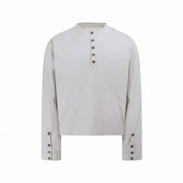 Design Henley Shirt with Embroidered Lines Black Tops Shirt - 15