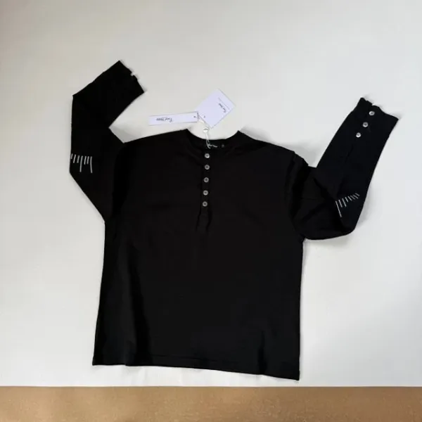 Design Henley Shirt with Embroidered Lines Black Tops Shirt - 21