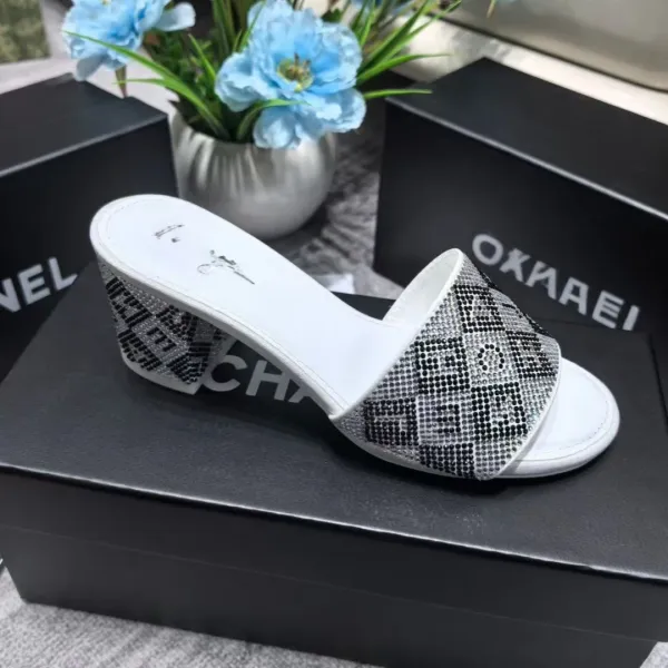Chanel Crystal-Embellished Snake Print Mule White Wedge Sandals - 1